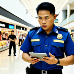 ** A security supervisor in a bustling Bangkok shopping mall, giving instructions to a team of security guards. The supervisor is wearing a crisp uniform and holding a tablet, while the guards are attentively listening. Focus on professionalism and a busy environment.

**