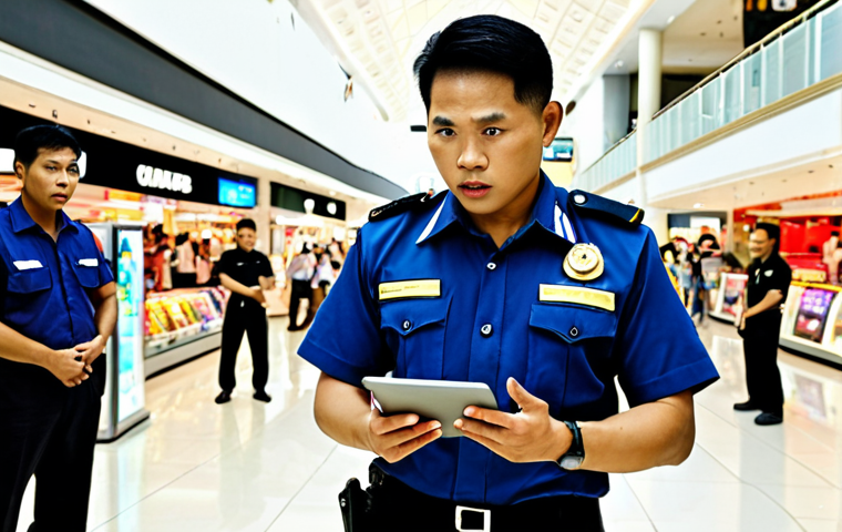 ** A security supervisor in a bustling Bangkok shopping mall, giving instructions to a team of security guards. The supervisor is wearing a crisp uniform and holding a tablet, while the guards are attentively listening. Focus on professionalism and a busy environment.

**