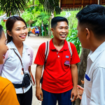 **A friendly Thai tour guide sharing interesting stories with tourists, with a focus on engaging storytelling techniques during a tour.** (Focus: Storytelling & enthusiastic guide)