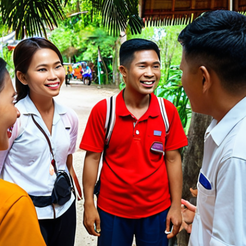 **A friendly Thai tour guide sharing interesting stories with tourists, with a focus on engaging storytelling techniques during a tour.** (Focus: Storytelling & enthusiastic guide)