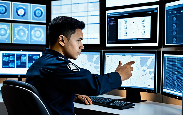A focused professional security expert, fully clothed in a modern, smart security uniform, confidently monitoring multiple high-definition screens displaying AI-powered CCTV feeds and cybersecurity data dashboards in a futuristic, dimly lit command center. The setting is clean and organized, emphasizing cutting-edge technology integration. The expert's posture is natural and attentive, with well-formed hands interacting with a touch screen. Perfect anatomy, correct proportions, natural pose, safe for work, appropriate content, modest clothing, family-friendly, professional photography, high quality, natural body proportions, proper finger count.