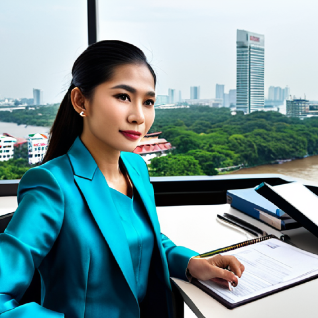 **

A professional Thai businesswoman in a modest, tailored silk suit, sitting at a modern desk in a Bangkok office with a view of the Chao Phraya River, fully clothed, appropriate attire, safe for work, perfect anatomy, natural proportions, professional photography, high quality.

**