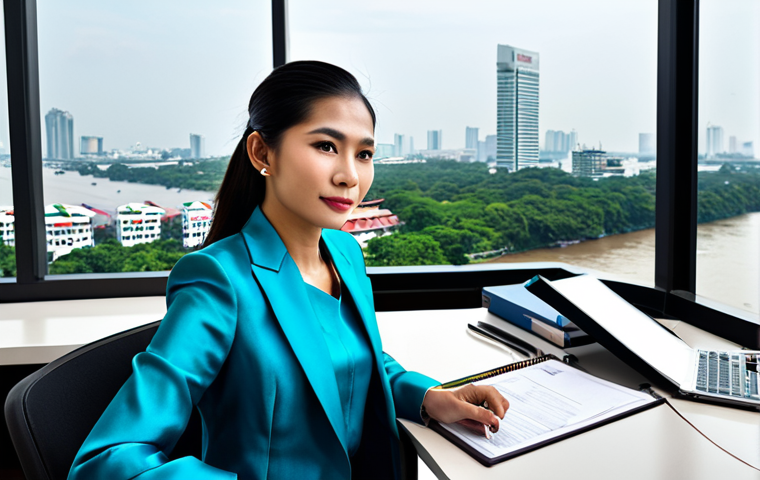 **

A professional Thai businesswoman in a modest, tailored silk suit, sitting at a modern desk in a Bangkok office with a view of the Chao Phraya River, fully clothed, appropriate attire, safe for work, perfect anatomy, natural proportions, professional photography, high quality.

**