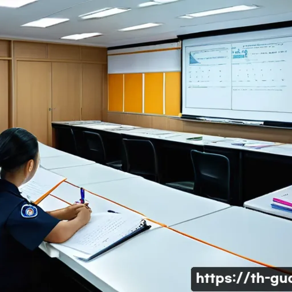 경비지도사 자격증 취득 비용 - A professional security guard training classroom in Thailand, showing diverse adult students attenti...
