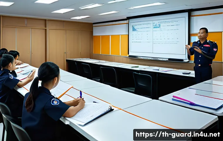 경비지도사 자격증 취득 비용 - A professional security guard training classroom in Thailand, showing diverse adult students attenti...