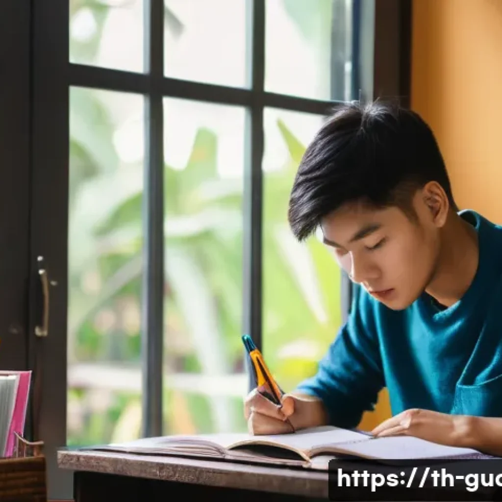 경비지도사 필기 합격 전략 - A focused young Thai man studying at a wooden desk in a cozy room with natural sunlight streaming th...