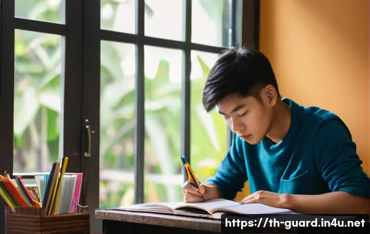 경비지도사 필기 합격 전략 - A focused young Thai man studying at a wooden desk in a cozy room with natural sunlight streaming th...