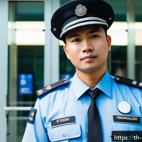 Home 32 경비지도사로서의 윤리적 책임 - A professional security officer in modern urban setting wearing a neat uniform with badge and name t...