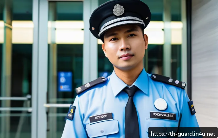 경비지도사로서의 윤리적 책임 - A professional security officer in modern urban setting wearing a neat uniform with badge and name t...