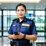 Home 19 경비지도사 시험 합격률 분석 - A professional Thai security officer in uniform standing confidently in a modern office building lob...