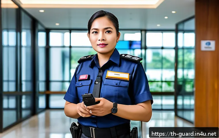 경비지도사 시험 합격률 분석 - A professional Thai security officer in uniform standing confidently in a modern office building lob...