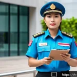 Home 18 경비지도사 자격증 갱신 방법 - A professional Thai security officer in a neat uniform with official patches and badges, standing co...
