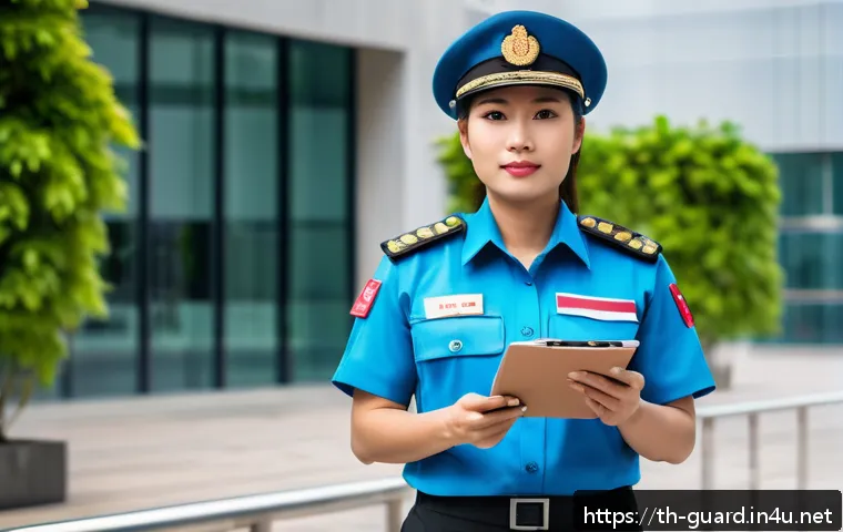 경비지도사 자격증 갱신 방법 - A professional Thai security officer in a neat uniform with official patches and badges, standing co...
