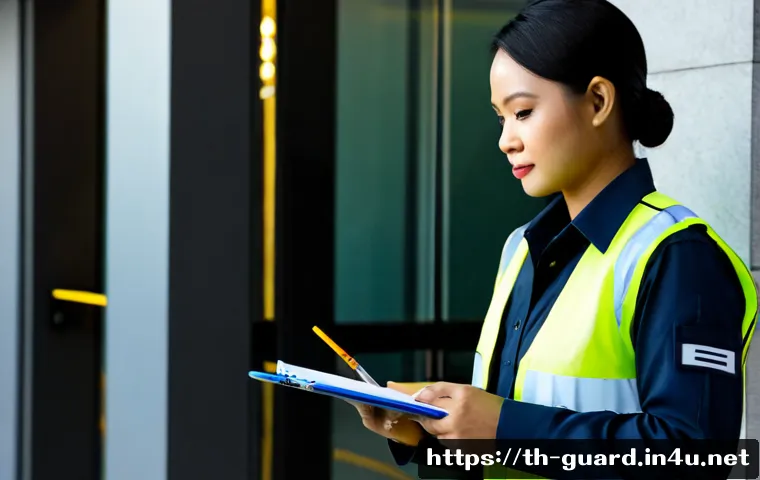 경비지도사로 일하면서 얻은 교훈 - Photorealistic Thai security supervisor in a neat dark uniform and reflective safety vest, calmly re...