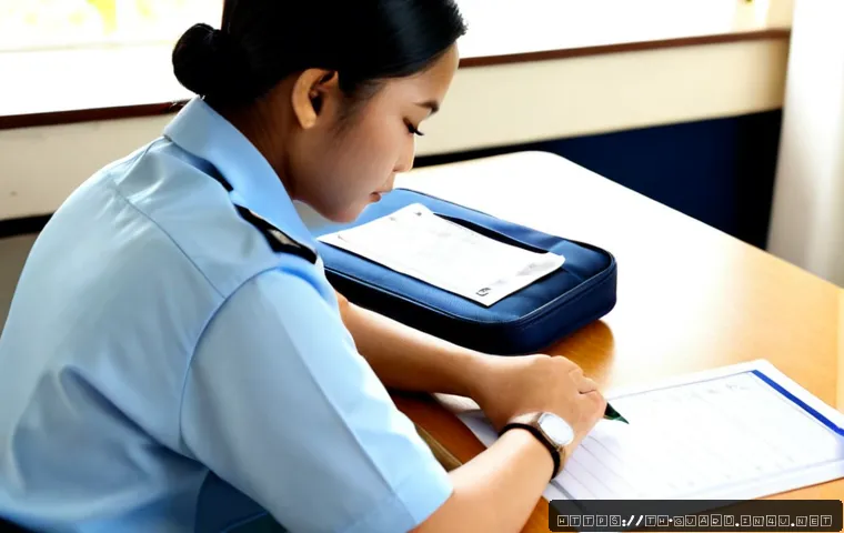 경비지도사 시험에서 주의할 점 - Photorealistic Thai security professional certification exam candidate at a clean examination desk, ...